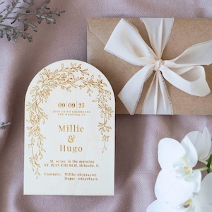 Ensemble d'invitations en bois personnalisées, faire-part de mariage en bois rustique, faire-part de mariage floral, faire-part de mariage personnalisés, faire-part arche