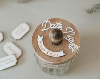 Personalized Date Night Jar Custom Name Couples Gift Romantic Date Ideas in a Glass Jar with Wooden Lid Unique Anniversary or Wedding Gift