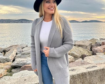 Wool Oversized Knit Cardigan: Women's Long Pocketed Jacket