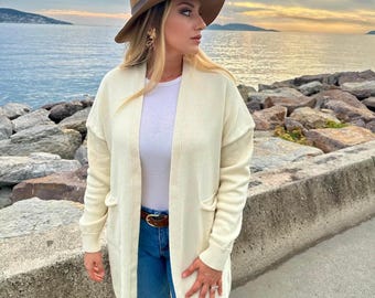 Wool Long Cardigan: Knitted Pocketed Jacket