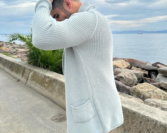 Cárdigan largo de punto de lana para hombre: chaqueta de invierno extragrande