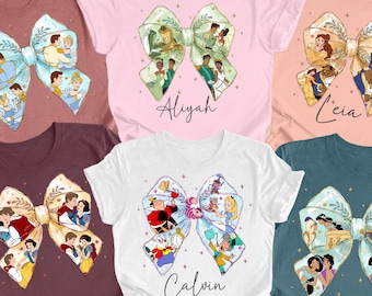 Coquette Bows Disney Princess Shirt, Disney Aurora Ariel Belle Cinderella Tiana Shirt, Magic Kingdom Disneyland Girl Trip, Personalized Tee.