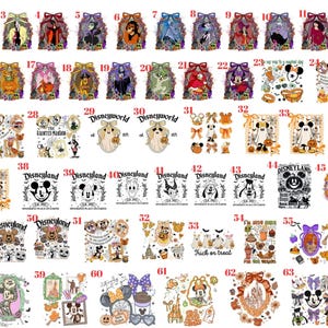 May include: A collection of sixty-three numbered graphic designs featuring various cartoon characters, ghosts, pumpkins, and Disney-themed icons in a mix of colorful and black-and-white illustrations, arranged in a grid format for apparel or sticker use.