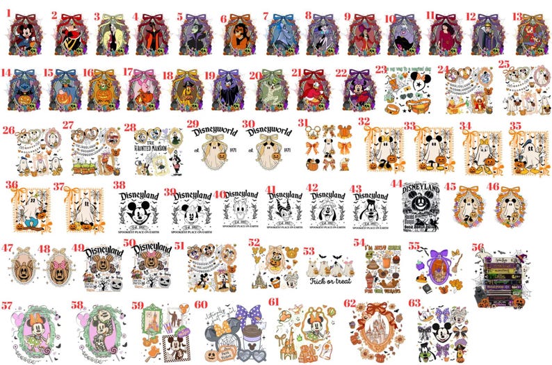 May include: A collection of sixty-three numbered graphic designs featuring various cartoon characters, ghosts, pumpkins, and Disney-themed icons in a mix of colorful and black-and-white illustrations, arranged in a grid format for apparel or sticker use.