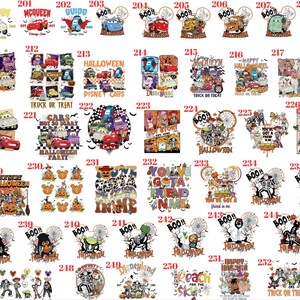May include: A collection of graphic designs featuring Disney Pixar Cars and Toy Story characters in Halloween-themed scenes. Each design is numbered from 199 to 253 and includes various illustrations of vehicles and toys with text like Boo, Halloween, and Trick or Treat.