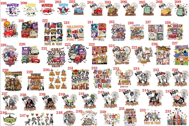 May include: A collection of graphic designs featuring Disney Pixar Cars and Toy Story characters in Halloween-themed scenes. Each design is numbered from 199 to 253 and includes various illustrations of vehicles and toys with text like Boo, Halloween, and Trick or Treat.