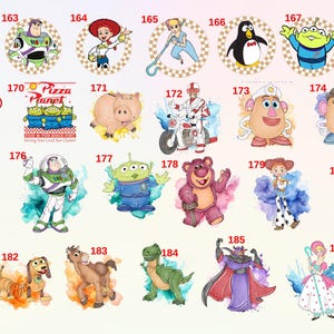 May include: A colourful collage of 18 different Toy Story characters, including Woody, Buzz Lightyear, Jessie, and Mr. Potato Head. The characters are depicted in various poses and settings, including a Pizza Planet truck, a spaceship, and a cowboy hat.