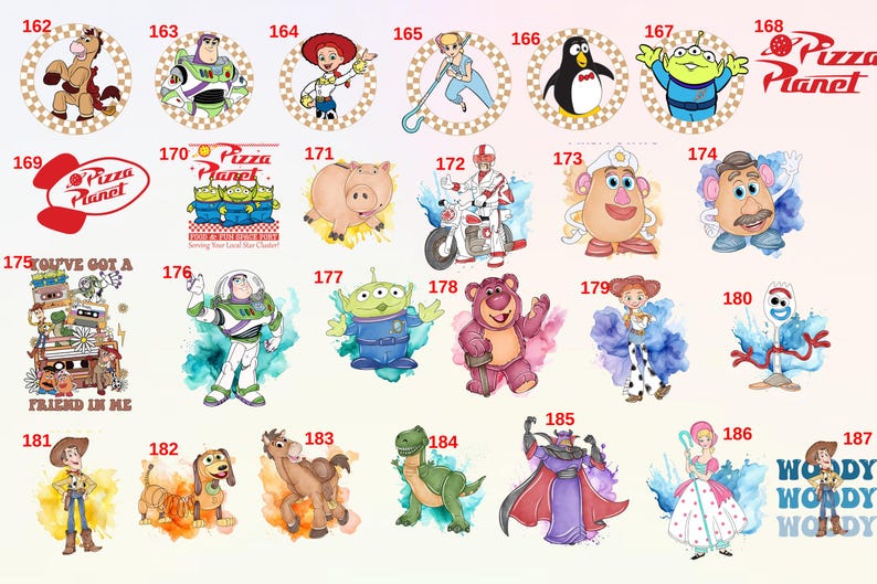 May include: A colourful collage of 18 different Toy Story characters, including Woody, Buzz Lightyear, Jessie, and Mr. Potato Head. The characters are depicted in various poses and settings, including a Pizza Planet truck, a spaceship, and a cowboy hat.