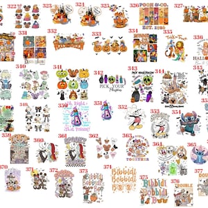 May include: A collection of colorful graphic designs featuring various cartoon characters, pumpkins, and Halloween-themed motifs, each labeled with a unique identification number ranging from 321 to 378, arranged in a grid format on a white background.