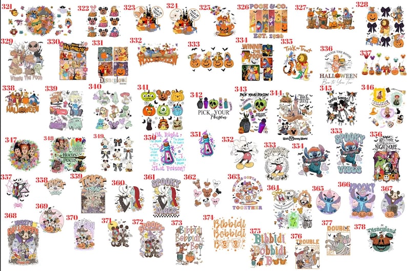 May include: A collection of colorful graphic designs featuring various cartoon characters, pumpkins, and Halloween-themed motifs, each labeled with a unique identification number ranging from 321 to 378, arranged in a grid format on a white background.