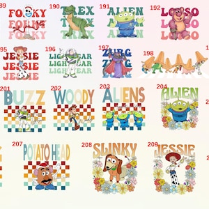 May include: A colourful grid of 10 Toy Story character designs. Each design features a different character from the movie, including Woody, Buzz Lightyear, Jessie, Rex, Slinky Dog, and more. The designs are in a retro style with bright colours and bold lettering.