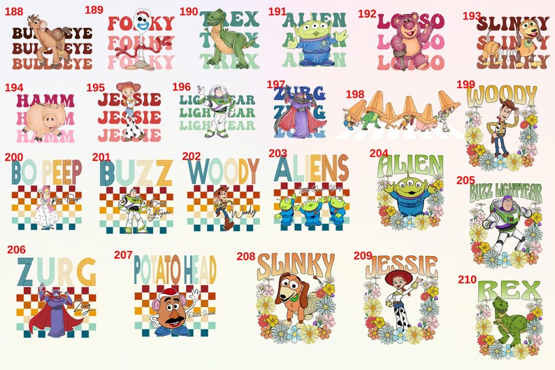 May include: A colourful grid of 10 Toy Story character designs. Each design features a different character from the movie, including Woody, Buzz Lightyear, Jessie, Rex, Slinky Dog, and more. The designs are in a retro style with bright colours and bold lettering.