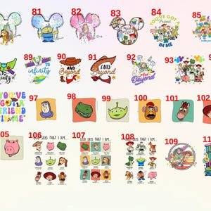 May include: A set of 110 colourful digital images featuring characters from the Toy Story franchise. The images include Mickey Mouse, Woody, Buzz Lightyear, Jessie, and other characters. The images are perfect for use in crafts, scrapbooking, or digital design.