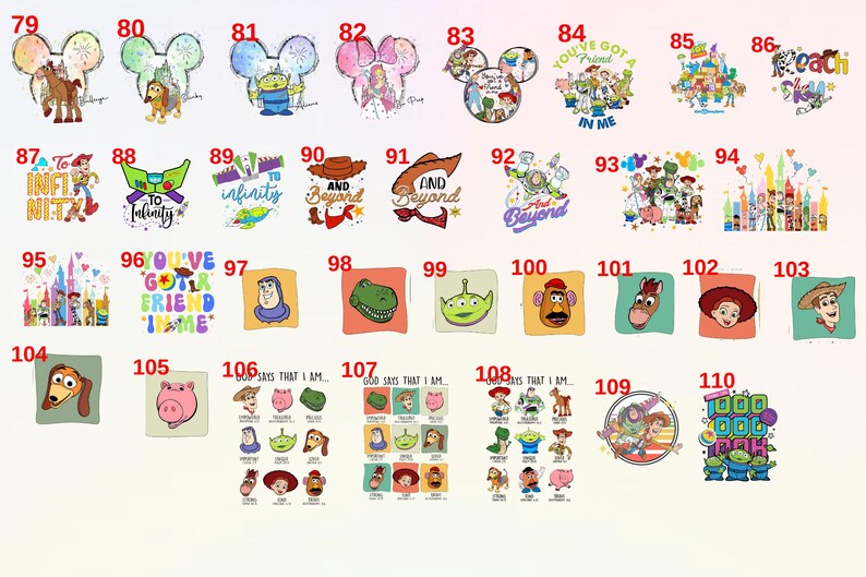 May include: A set of 110 colourful digital images featuring characters from the Toy Story franchise. The images include Mickey Mouse, Woody, Buzz Lightyear, Jessie, and other characters. The images are perfect for use in crafts, scrapbooking, or digital design.