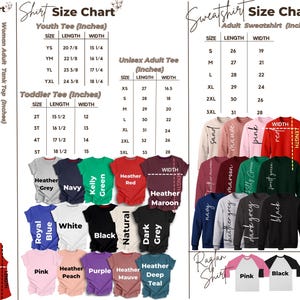 May include: Size chart for tank tops, t-shirts, and sweatshirts in various colours and sizes. The chart includes measurements for youth, toddler, adult, and kids sizes in inches.