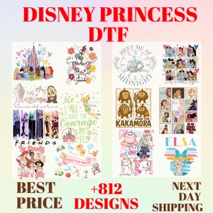 May include: A collection of Disney-themed DTF transfer designs featuring various characters, castles, and quotes like 'Meet Me At Midnight', 'Fear The Kakamora', and 'Tale as old as time'. The sheet includes colorful illustrations of princesses, animals, and icons.