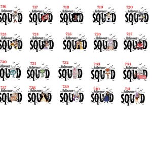 May include: A collection of twenty-seven graphic designs labeled 715 through 741, each featuring the text Halloween SQUAD in black letters with spider web accents. Each design includes a unique cartoon character illustration integrated into the text.