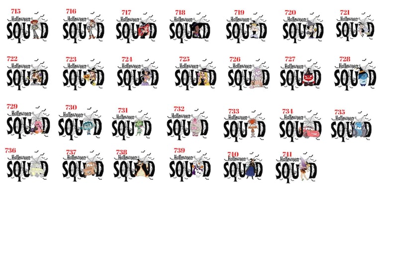 May include: A collection of twenty-seven graphic designs labeled 715 through 741, each featuring the text Halloween SQUAD in black letters with spider web accents. Each design includes a unique cartoon character illustration integrated into the text.