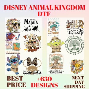 May include: A collection of Disney Animal Kingdom DTF transfer designs featuring various characters like Mickey Mouse, Stitch, and Simba in safari gear. The graphics include text such as Hakuna Matata, Wild About Disney, and Animal Kingdom, displayed in a grid layout.