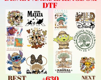 May include: A collection of Disney Animal Kingdom DTF transfer designs featuring various characters like Mickey Mouse, Stitch, and Simba in safari gear. The graphics include text such as Hakuna Matata, Wild About Disney, and Animal Kingdom, displayed in a grid layout.