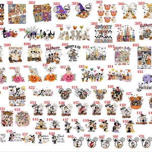 May include: A collection of graphic designs featuring various cartoon characters, pumpkins, and Halloween-themed elements, each labeled with a unique identification number ranging from 379 to 470, arranged in a grid format on a plain white background.