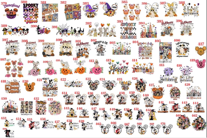 May include: A collection of graphic designs featuring various cartoon characters, pumpkins, and Halloween-themed elements, each labeled with a unique identification number ranging from 379 to 470, arranged in a grid format on a plain white background.