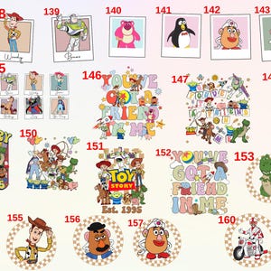 May include: A collection of 16 colourful round stickers featuring characters from the Toy Story franchise. The stickers feature characters like Woody, Buzz Lightyear, Jessie, Mr. Potato Head, and Rex. The stickers are perfect for adding a touch of fun to laptops, water bottles, notebooks, and more.