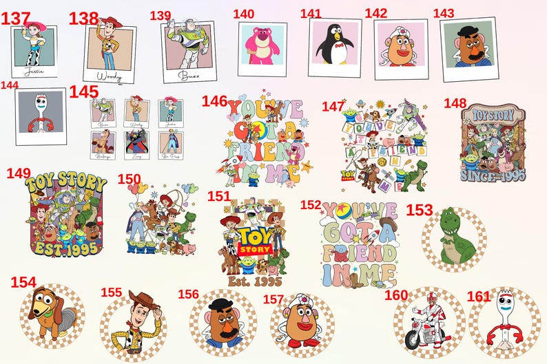 May include: A collection of 16 colourful round stickers featuring characters from the Toy Story franchise. The stickers feature characters like Woody, Buzz Lightyear, Jessie, Mr. Potato Head, and Rex. The stickers are perfect for adding a touch of fun to laptops, water bottles, notebooks, and more.