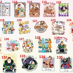 May include: A collection of 16 colourful square images featuring various characters from the Disney Pixar Toy Story franchise. Each image features a different character or scene from the movies, including Woody, Buzz Lightyear, Jessie, and Slinky Dog. The images are numbered from 111 to 136.