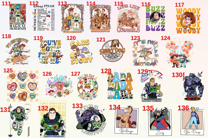 May include: A collection of 16 colourful square images featuring various characters from the Disney Pixar Toy Story franchise. Each image features a different character or scene from the movies, including Woody, Buzz Lightyear, Jessie, and Slinky Dog. The images are numbered from 111 to 136.