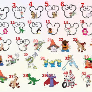 May include: A set of 42 cookie cutters featuring characters from the Toy Story franchise. The cutters are shaped like Mickey Mouse ears and include characters like Woody, Buzz Lightyear, Jessie, and Mr. and Mrs. Potato Head.