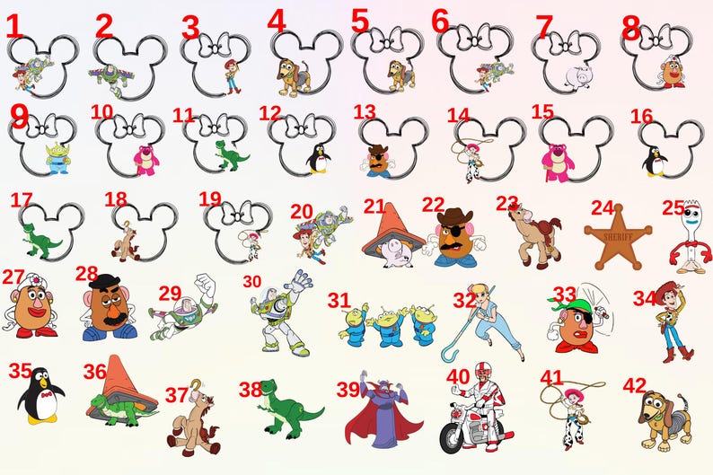 May include: A set of 42 cookie cutters featuring characters from the Toy Story franchise. The cutters are shaped like Mickey Mouse ears and include characters like Woody, Buzz Lightyear, Jessie, and Mr. and Mrs. Potato Head.