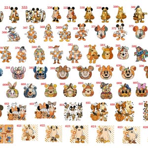 May include: A collection of numbered digital illustrations featuring various cartoon characters in Halloween-themed patchwork designs, including ghosts, pumpkins, and bows, rendered in orange, brown, and cream tones on a white background.