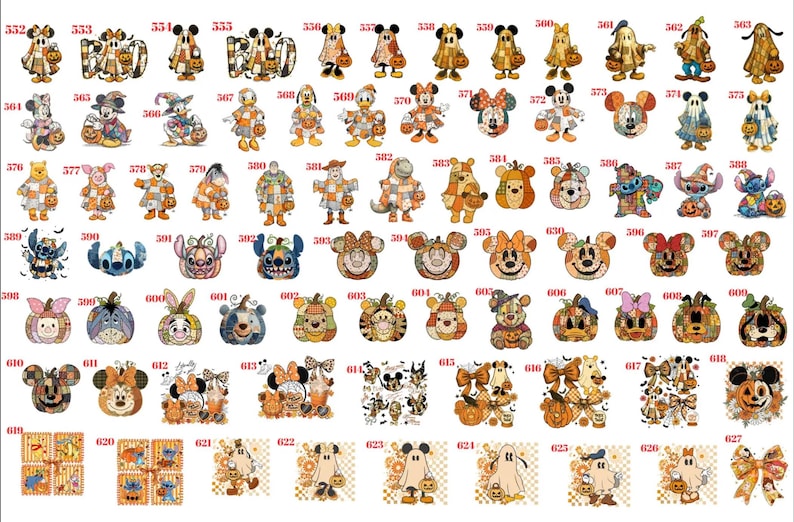 May include: A collection of numbered digital illustrations featuring various cartoon characters in Halloween-themed patchwork designs, including ghosts, pumpkins, and bows, rendered in orange, brown, and cream tones on a white background.