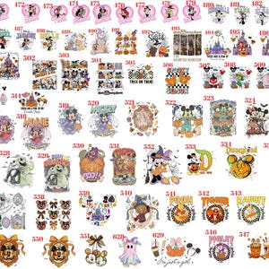 May include: A collection of graphic designs featuring Disney characters, Halloween themes, and pumpkins, each labeled with a unique identification number. The illustrations include various cartoon figures, castles, and seasonal motifs in a variety of colors.
