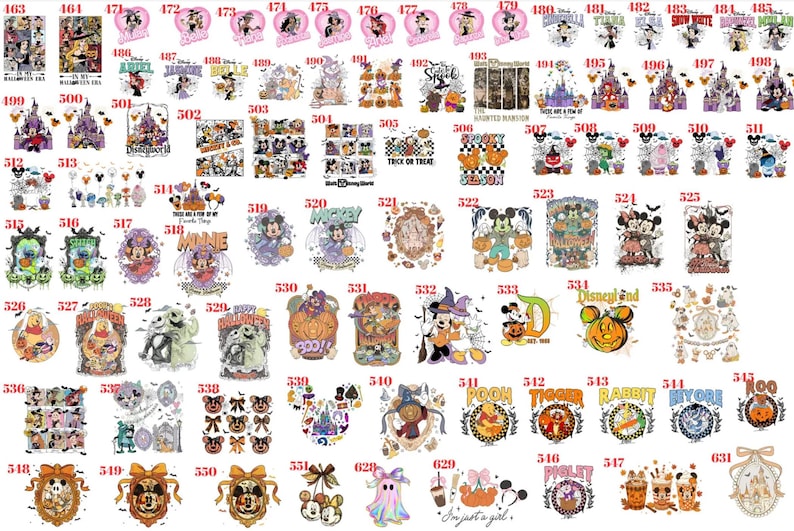 May include: A collection of graphic designs featuring Disney characters, Halloween themes, and pumpkins, each labeled with a unique identification number. The illustrations include various cartoon figures, castles, and seasonal motifs in a variety of colors.