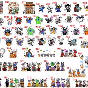 May include: A collection of numbered digital illustrations featuring the character Stitch in various Halloween-themed costumes and scenarios, including pumpkins, ghosts, and horror movie references, arranged in a grid with red numbering.