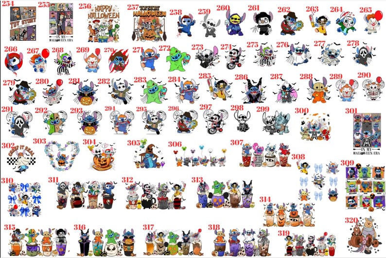 May include: A collection of numbered digital illustrations featuring the character Stitch in various Halloween-themed costumes and scenarios, including pumpkins, ghosts, and horror movie references, arranged in a grid with red numbering.