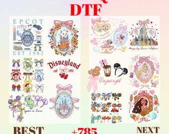 May include: A collection of Disney-themed DTF transfer designs featuring various characters, castles, and icons like Epcot, Disneyland, and princesses. The graphics include bows, floral frames, and text elements such as Happily Ever After and I'm just a girl.