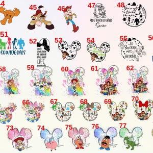 May include: A grid of 78 colourful images featuring characters from the Toy Story franchise. The images include Mickey Mouse ears,  characters like Woody, Buzz Lightyear, and Jessie, and text like "Squad Goals" and "Birthday Girl".