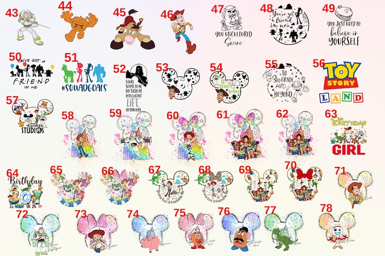 May include: A grid of 78 colourful images featuring characters from the Toy Story franchise. The images include Mickey Mouse ears,  characters like Woody, Buzz Lightyear, and Jessie, and text like "Squad Goals" and "Birthday Girl".