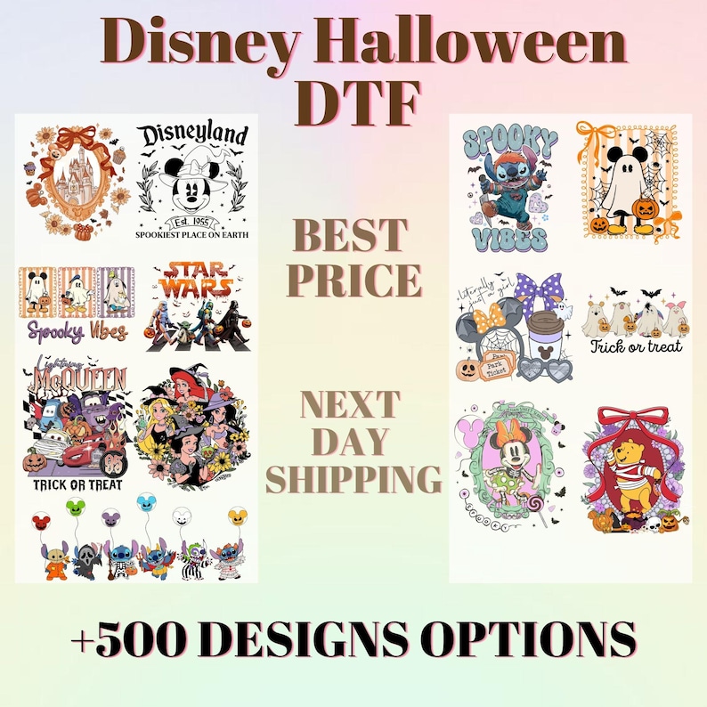 May include: A collection of Disney-themed Halloween DTF transfer designs featuring various characters including Mickey Mouse, Stitch, Star Wars figures, Lightning McQueen, and Winnie the Pooh. The graphics include pumpkins, ghosts, and festive text elements.