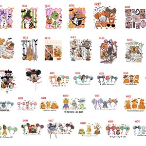 May include: A collection of forty-two individual graphic designs featuring various cartoon characters, Halloween-themed motifs, pumpkins, and mouse-ear headbands, each labeled with a unique identification number ranging from 632 to 671.