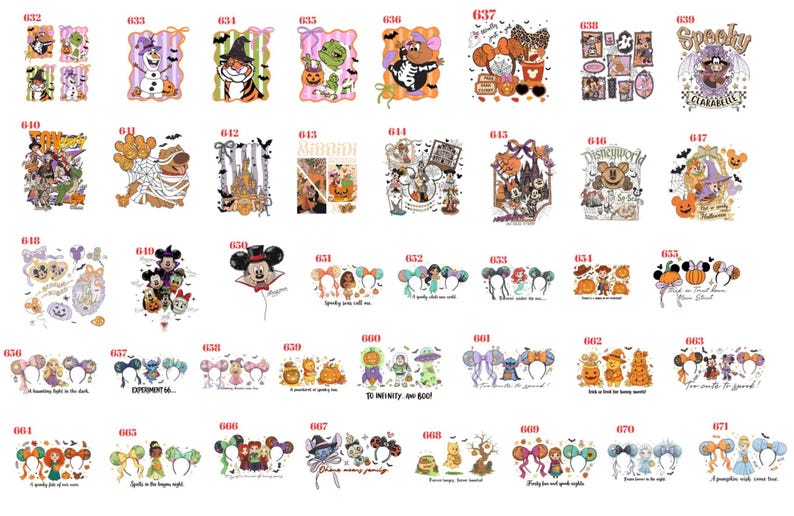 May include: A collection of forty-two individual graphic designs featuring various cartoon characters, Halloween-themed motifs, pumpkins, and mouse-ear headbands, each labeled with a unique identification number ranging from 632 to 671.