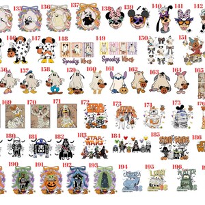 May include: A collection of numbered Halloween-themed graphic illustrations featuring various cartoon characters, including mice, dogs, aliens, and vehicles, dressed in costumes or surrounded by pumpkins, ghosts, and text like Spooky Vibes and Star Wars.