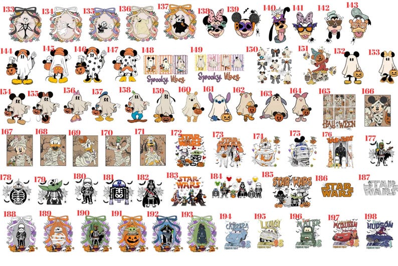 May include: A collection of numbered Halloween-themed graphic illustrations featuring various cartoon characters, including mice, dogs, aliens, and vehicles, dressed in costumes or surrounded by pumpkins, ghosts, and text like Spooky Vibes and Star Wars.