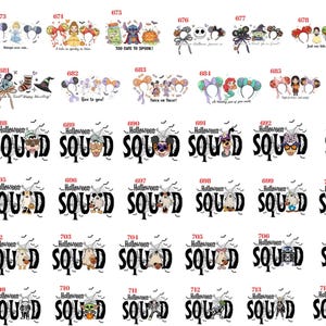 May include: A collection of digital graphic designs featuring various cartoon characters, themed headbands, and the text Halloween SQUAD. The images include colorful illustrations of popular animated figures, pumpkins, and festive motifs arranged in a grid.