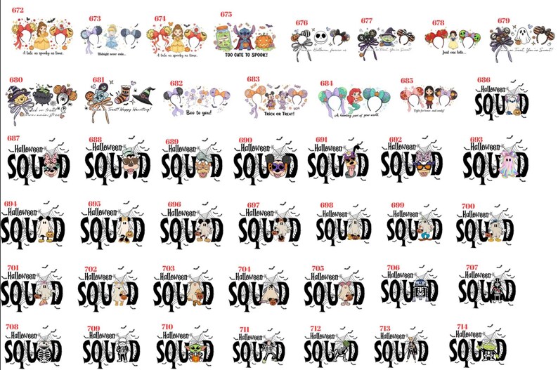 May include: A collection of digital graphic designs featuring various cartoon characters, themed headbands, and the text Halloween SQUAD. The images include colorful illustrations of popular animated figures, pumpkins, and festive motifs arranged in a grid.