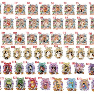 May include: A collection of numbered digital illustrations featuring various cartoon characters in Halloween-themed frames, including ghosts, witches, and pumpkins, with some designs incorporating bows and decorative borders in a variety of colors.