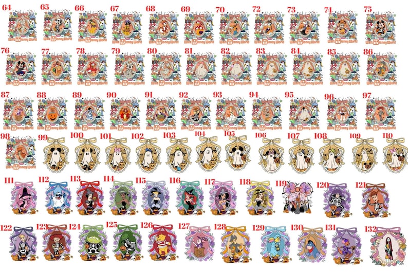 May include: A collection of numbered digital illustrations featuring various cartoon characters in Halloween-themed frames, including ghosts, witches, and pumpkins, with some designs incorporating bows and decorative borders in a variety of colors.